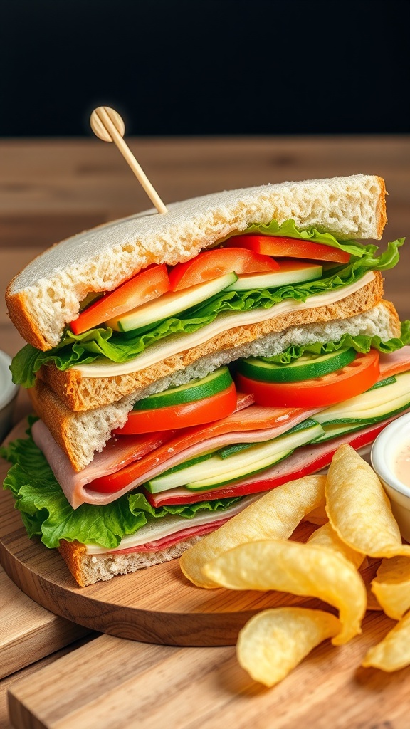 A beautifully layered jualan sandwich with fresh vegetables and deli meat, served on a wooden board with chips.